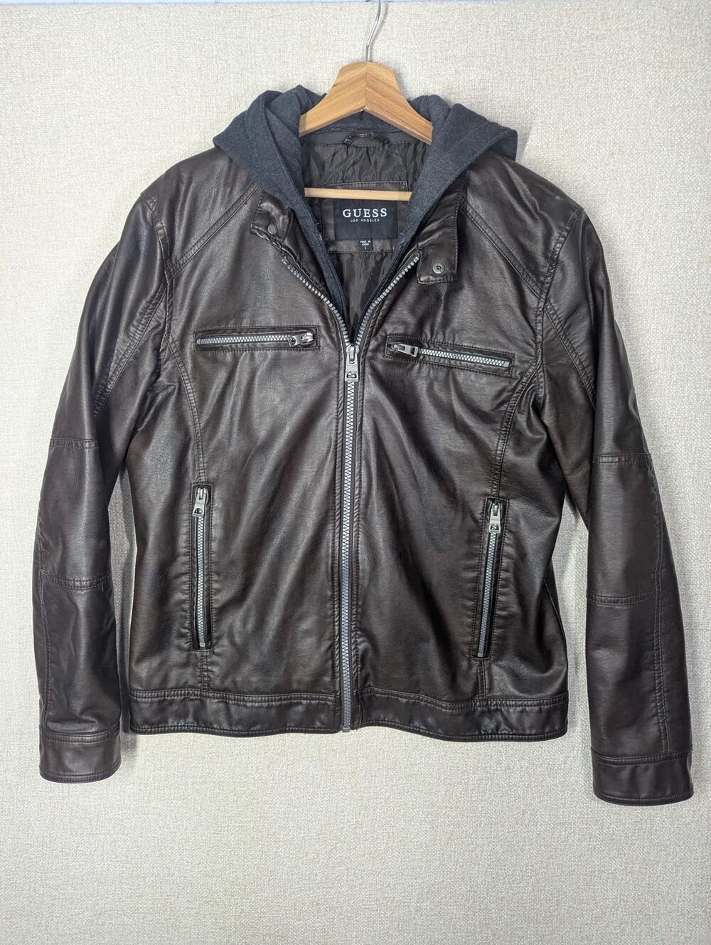 Classic Brown Guess Grand Leather Jacket | Size L, Hooded